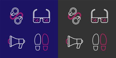 Set line Footsteps, Megaphone, Safety goggle glasses and Handcuffs icon. Vector clipart