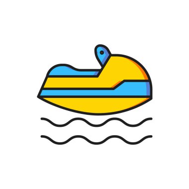 Beyaz arkaplanda izole edilmiş renkli Jet kayak simgesi. Su motoru. Olağanüstü bir spor. Düz çizgili, gölgeli. Vektör