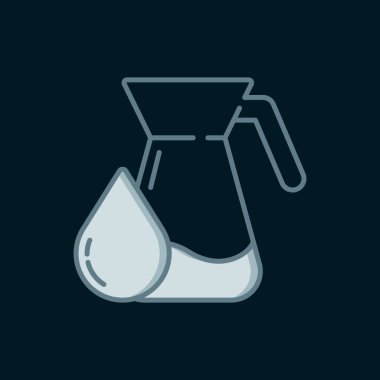 Siyah zemin üzerinde su ikonu olan çizgi sürahisi camı. Su için çaydanlık. İçme suyu dolu cam sürahi. Düz çizgili, gölgeli. Vektör