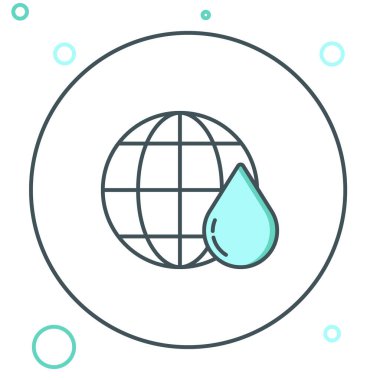 Dünya gezegeninin beyaz arka planda izole edilmiş su damlası ikonu. Dünya küresi. Su tasarrufu ve dünya çevre koruma. Renkli taslak konsepti. Vektör