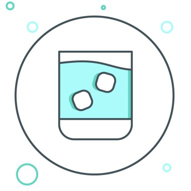 Beyaz arka planda izole edilmiş çizgili viski ve buz küpleri simgesi. Renkli taslak konsepti. Vektör