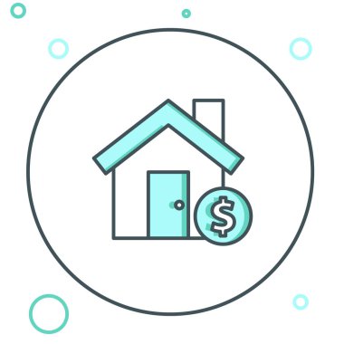 Dolar sembollü Çizgi Evi beyaz arka planda izole edilmiş. Ev ve para. Emlak konsepti. Renkli taslak konsepti. Vektör