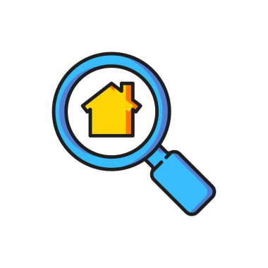 Renk Arama Evi simgesi beyaz arkaplanda izole edildi. Büyüteç altındaki bir evin emlak sembolü. Düz çizgili, gölgeli. Vektör