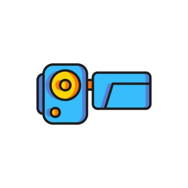 Renkli Sinema kamera simgesi beyaz arkaplanda izole edildi. Video kamera. Film tabelası. Film projektörü. Düz çizgili, gölgeli. Vektör
