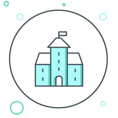 Castle Hattı simgesi beyaz arkaplanda izole edildi. Kulesi olan bir ortaçağ kalesi. Düşmanlardan koruma. Şehrin güvenilirliği ve savunması. Renkli taslak konsepti. Vektör