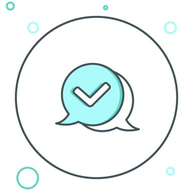 Beyaz arkaplanda izole edilmiş konuşma baloncuğu simgesindeki satır kontrol işareti. Güvenlik, güvenlik, koruma, gizlilik kavramı. Kene izi onaylandı. Renkli taslak konsepti. Vektör