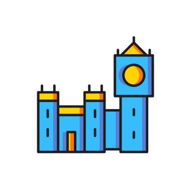 Beyaz arkaplanda Big Ben kulesi simgesi izole edildi. Londra ve İngiltere 'nin sembolü. Düz çizgili, gölgeli. Vektör