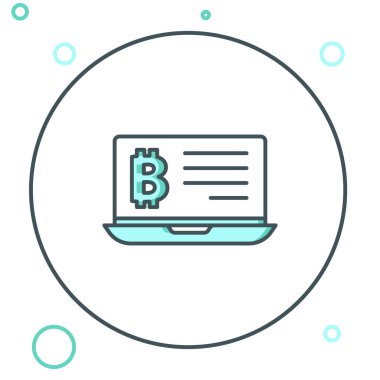 Dizüstü bilgisayar simgesinden gelen çizgi madenciliği bitcoin beyaz arka planda izole edildi. Kripto para birimi madenciliği, engelleme zinciri teknoloji servisi. Renkli taslak konsepti. Vektör