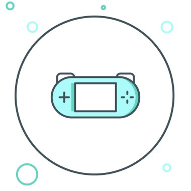 Satır taşınabilir video oyun konsolu simgesi beyaz arkaplanda izole edildi. Av alanı tabelası. Oyun konsepti. Renkli taslak konsepti. Vektör