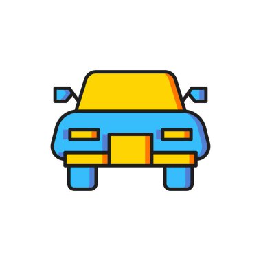 Beyaz arkaplanda izole edilmiş renkli araba simgesi. Düz çizgili, gölgeli. Vektör