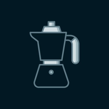 Çizgi kahve makinesi moca pot ikonu siyah arka planda izole edildi. Düz çizgili, gölgeli. Vektör
