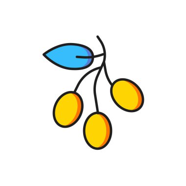 Beyaz arkaplanda izole edilmiş renkli zeytin dalı simgesi. Düz çizgili, gölgeli. Vektör