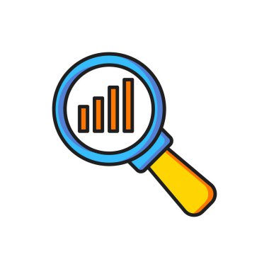 Beyaz arkaplanda izole edilmiş renk büyüteç ve veri analiz simgesi. Düz çizgili, gölgeli. Vektör