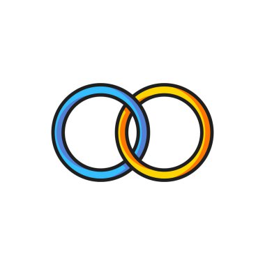 Renkli alyans simgesi beyaz arkaplanda izole edildi. Gelin ve damat mücevher tabelası. Evlilik sembolü. Elmas yüzük. Düz çizgili, gölgeli. Vektör