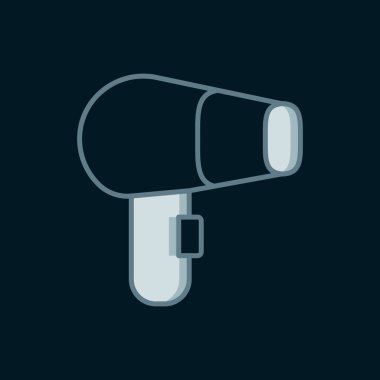 Çizgi saç kurutma ikonu siyah arkaplanda izole edildi. Saç kurutma makinesi tabelası. Saç kurutma sembolü. Sıcak hava üflüyor. Düz çizgili, gölgeli. Vektör