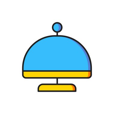 Beyaz arka planda izole edilmiş bir tepsi yiyecek ikonu ile kaplanmış renk. Tepsi ve kapak işareti. Kapaklı bir restoran saati. Düz çizgili, gölgeli. Vektör