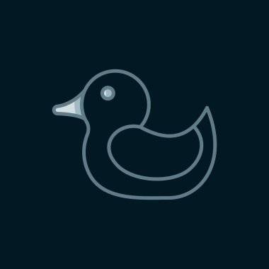 Çizgi Kauçuk ördek simgesi siyah arkaplanda izole edildi. Düz çizgili, gölgeli. Vektör