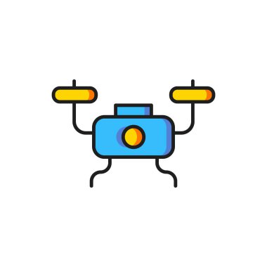 Renkli Drone uçan ikonu beyaz arkaplanda izole edildi. Video ve fotoğraf makinesi sembollü dörtlü helikopter. Düz çizgili, gölgeli. Vektör