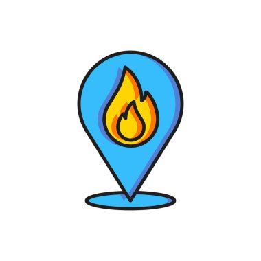 Beyaz arkaplanda izole edilmiş ateş alev ikonu olan renk haritası işaretçisi. Yakında yangın var. Düz çizgili, gölgeli. Vektör