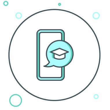 Beyaz arkaplanda izole edilmiş akıllı telefon simgesindeki satır mezuniyet başlığı. Çevrimiçi öğrenme ya da e-öğrenme kavramı. Renkli taslak konsepti. Vektör