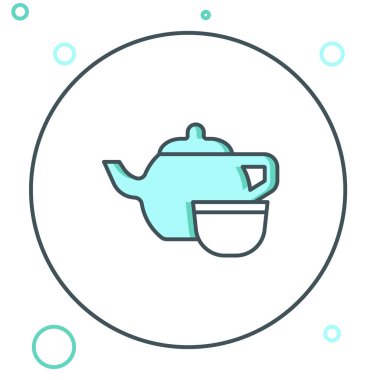 Geleneksel Çin çay seremonisi ikonu beyaz arka planda izole edildi. Fincanlı çaydanlık. Renkli taslak konsepti. Vektör