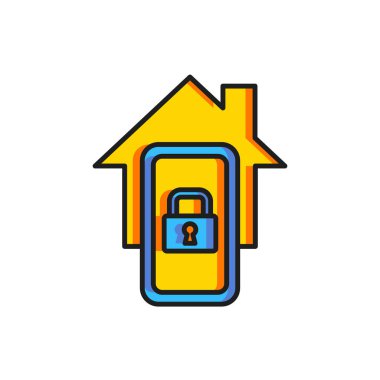 Akıllı ev simgesine sahip renkli cep telefonu beyaz arkaplanda izole edilmiş. Uzaktan kumanda. Düz çizgili, gölgeli. Vektör