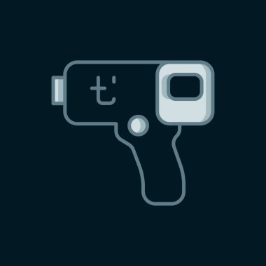 Siyah zemin üzerinde kızılötesi ışık ikonu olan çizgi dijital temassız termometre. Düz çizgili, gölgeli. Vektör