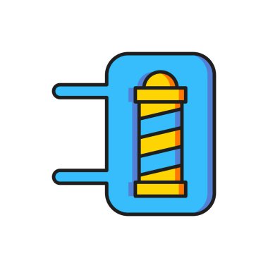 Beyaz arka planda izole edilmiş renkli klasik berber dükkânı ikonu. Berber dükkanı direği sembolü. Düz çizgili, gölgeli. Vektör