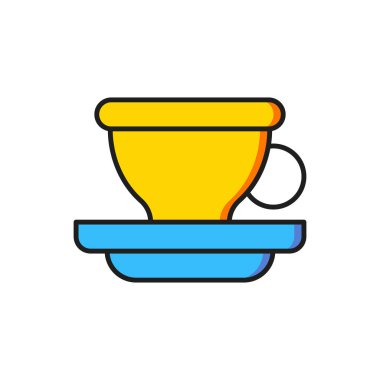 Renkli kahve fincanı simgesi beyaz arkaplanda izole edilmiş. Çay fincanı. Sıcak içecek kahvesi. Düz çizgili, gölgeli. Vektör