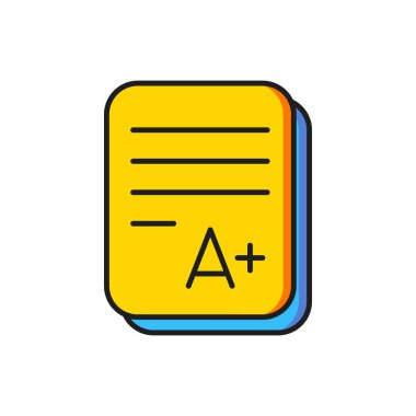 Beyaz arkaplanda A + dereceli simge izole edilmiş Renk Sınavı sayfası. Sınav kağıdı, sınav ya da araştırma konsepti. Sınav ya da sınav. Düz çizgili, gölgeli. Vektör