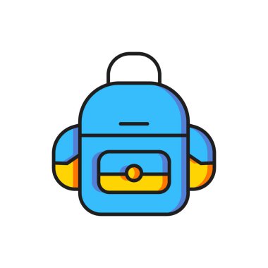 Renkli okul sırt çantası simgesi beyaz arkaplanda izole edildi. Düz çizgili, gölgeli. Vektör