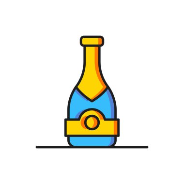 Beyaz arka planda izole edilmiş renkli şampanya şişesi ikonu. Düz çizgili, gölgeli. Vektör