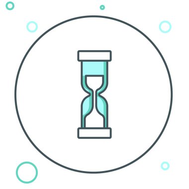 Beyaz zemin üzerinde kum ikonu olan çizgi Eski kum saati. Kum saati işareti. İş ve zaman yönetimi kavramı. Renkli taslak konsepti. Vektör