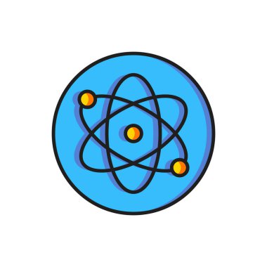 Beyaz arkaplanda izole edilmiş renkli Atom simgesi. Bilimin, eğitimin, nükleer fiziğin, bilimsel araştırmaların sembolü. Düz çizgili, gölgeli. Vektör
