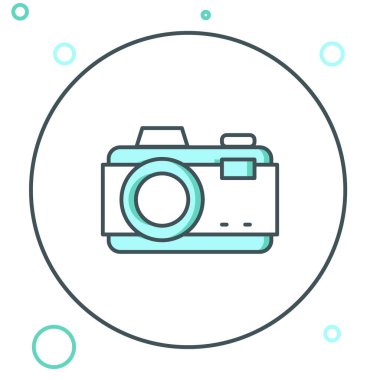 Çizgi fotoğraf makinesi simgesi beyaz arkaplanda izole edildi. Foto kamera. Dijital fotoğrafçılık. Renkli taslak konsepti. Vektör