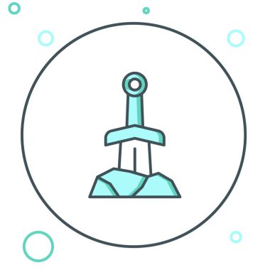 Taş simgedeki çizgi kılıcı beyaz arkaplanda izole edilmiş. Taştaki kılıç Excalibur, Arthur efsanelerinden. Renkli taslak konsepti. Vektör