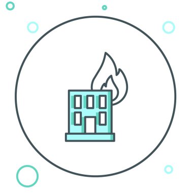 Sokak ikonundaki yanan binada beyaz arka planda izole edilmiş çizgi yangını. Yıkılmış şehir yanıyor. Renkli taslak konsepti. Vektör