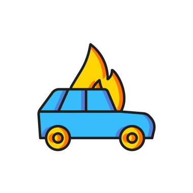 Renk Yanan araba simgesi beyaz arkaplanda izole edildi. Araba yanıyor. Araba alev ve dumanla kaplanmış. Düz çizgili, gölgeli. Vektör