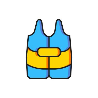 Renkli Hayat Ceketi simgesi beyaz arkaplanda izole edildi. Can yeleği ikonu. Olağanüstü bir spor. Spor malzemeleri. Düz çizgili, gölgeli. Vektör