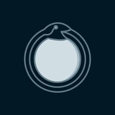 Ouroboros simgesinin çizgi büyüsü simgesi siyah arkaplanda izole edildi. Yılan kendi kuyruğunu ısırıyor. Hayvan ve sonsuzluk, mitoloji ve yılan. Düz çizgili, gölgeli. Vektör