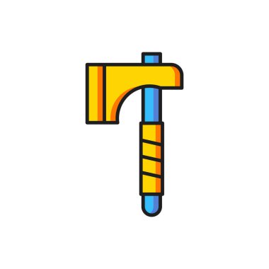 Beyaz arkaplanda izole edilmiş renkli tahta balta simgesi. Oduncu baltası. Düz çizgili, gölgeli. Vektör