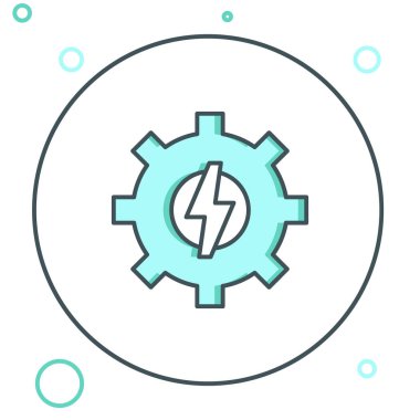 Çizgi dişlisi ve şimşek simgesi beyaz arkaplanda izole edildi. Elektrik gücü. Şimşek işareti. Renkli taslak konsepti. Vektör