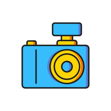 Renkli fotoğraf makinesi simgesi beyaz arkaplanda izole edildi. Foto kamera. Dijital fotoğrafçılık. Düz çizgili, gölgeli. Vektör