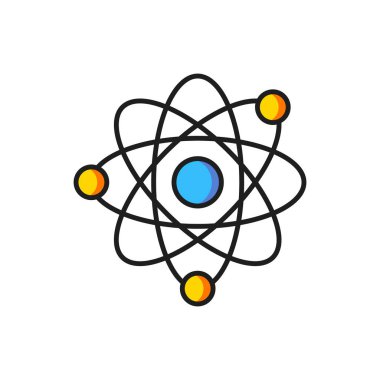 Beyaz arkaplanda izole edilmiş renkli Atom simgesi. Bilimin, eğitimin, nükleer fiziğin, bilimsel araştırmaların sembolü. Düz çizgili, gölgeli. Vektör