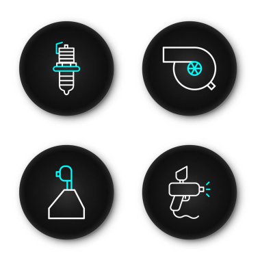 Çizgi boyası sprey tabancası, vites kolu, otomotiv turbo şarj aleti ve araba buji ikonu. Vektör