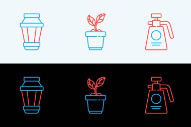 Gübre, lamba ve saksı ikonu için bahçe spreyi koyun. Vektör