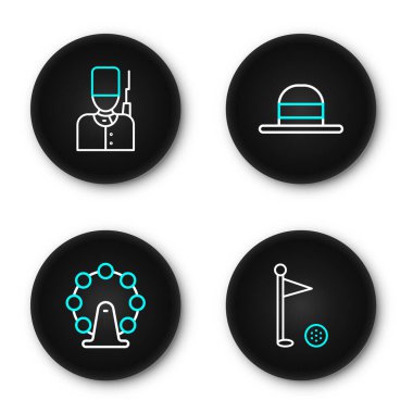 Golf bayrağı, Londra gözü, zarif kadın şapkası ve İngiliz asker ikonu. Vektör