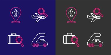 Set line Passenger ladder for plane boarding, Lost baggage, Airplane search and Plane icon. Vector clipart