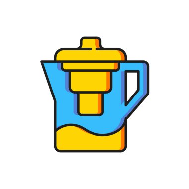 Beyaz arkaplanda izole edilmiş bir filtre simgesi olan renkli su testisi. Düz çizgili, gölgeli. Vektör