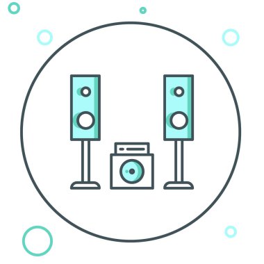 Beyaz arkaplanda iki hoparlör simgesi olan Line Home stereo. Müzik sistemi. Renkli taslak konsepti. Vektör